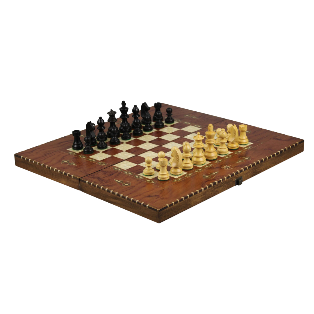 Helena landliches Rosenholz-Schach- & Backgammon-Set mit Ebonisiert German Staunton Schachfiguren 20 Zoll