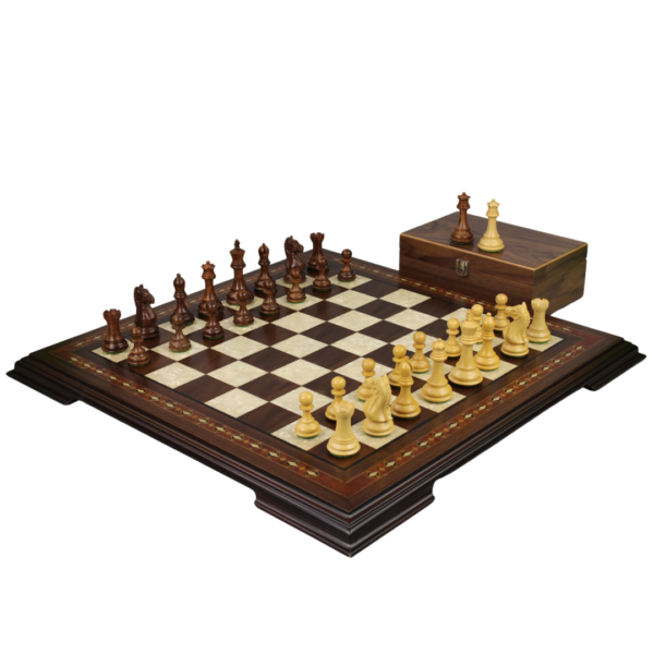 Walnuss-Schachset 20 Zoll mit Helena-Schachbrett und gewichteten Sheesham Fierce Knight (Queens Gambit) Staunton Schachfiguren 3,75 Zoll