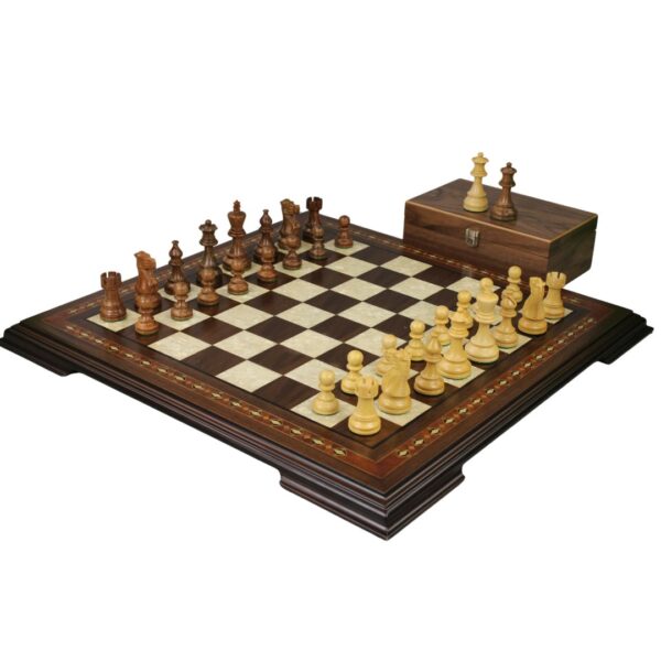Walnuss-Schachset 17 Zoll mit Helena-Schachbrett und gewichteten Sheesham French Knight Staunton Schachfiguren 3 Zoll