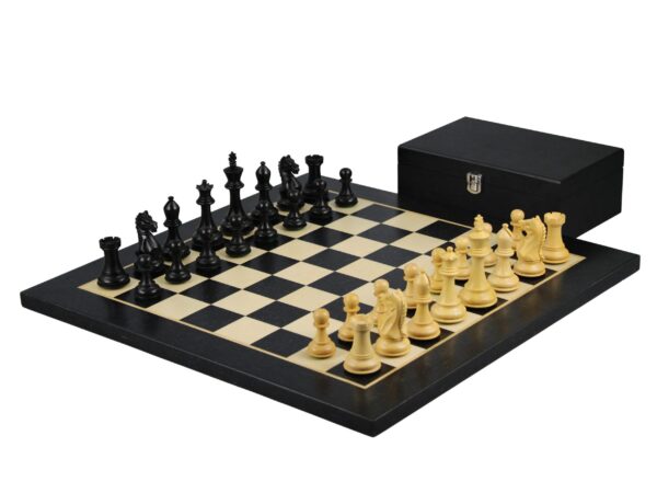 Ebony Schachspiel 20 Zoll mit Helena Flachschachbrett und gewichteten ebonisierten Fierce Knight (Queen's Gambit) Staunton Schachfiguren 3,75 Zoll