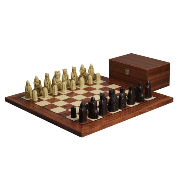 Isle of Lewis Schachset mit II Elfenbein- & Braunharz-Schachfiguren 3,5 Zoll und Rosenholz-Schachbrett 20 Zoll