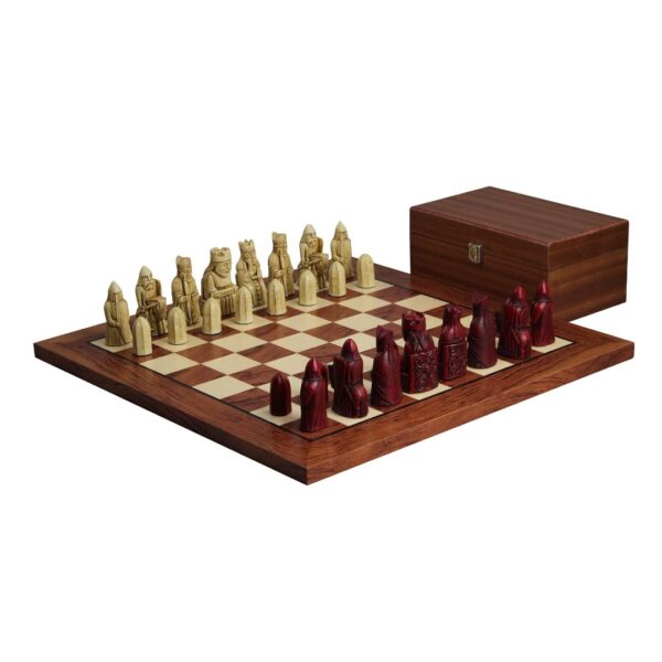 Isle of Lewis Schachset mit Elfenbein- & Roten Resin-Schachfiguren II 3,5 Zoll und Rosenholz-Schachbrett 20 Zoll