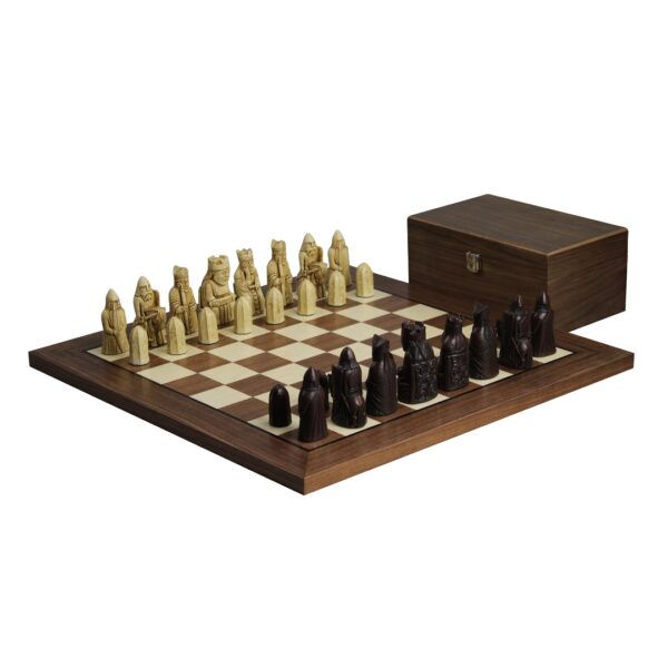 Isle of Lewis Schachset mit II Elfenbein & Braunem Harz Schachfiguren 3,5 Zoll und Walnuss Schachbrett 20 Zoll
