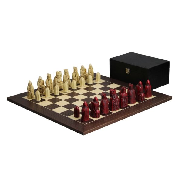 Isle of Lewis Schachset Mit II Weien & Roten Harz Schachfiguren 3,5 Zoll und Macassar Schachbrett 20 Zoll