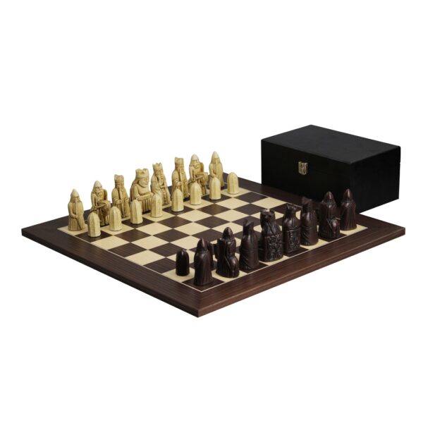 Isle of Lewis Schachset Mit II Weien & Braunen Harz Schachfiguren 3,5 Zoll und Macassar Schachbrett 20 Zoll