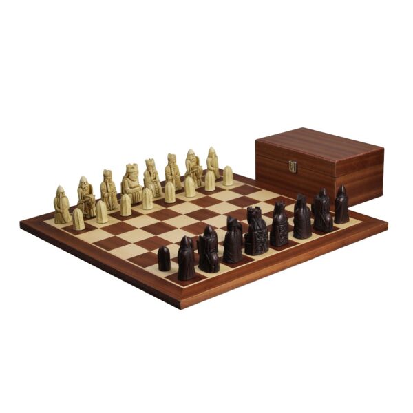 Isle of Lewis Schachset II Elfenbein & Braun Harz Schachfiguren 3.5 Zoll mit Mahagoni Schachbrett 20 Zoll