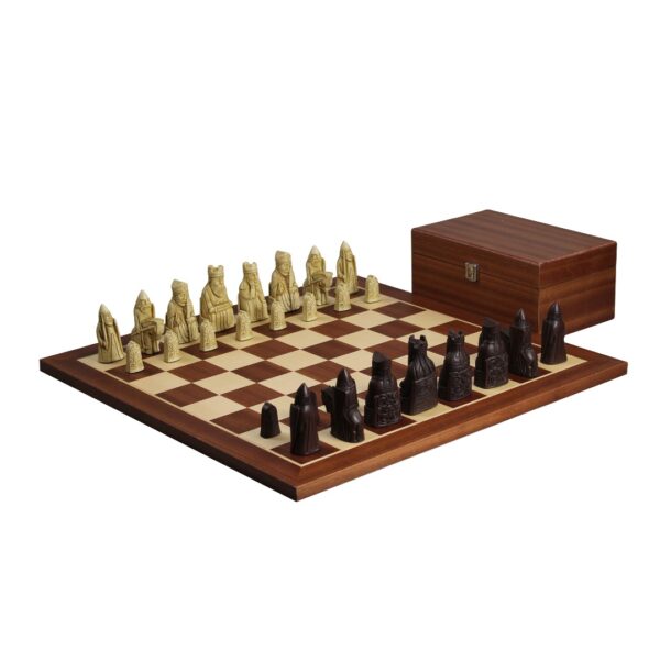 Isle of Lewis I Elfenbein & Braun Harz Schachfiguren 3,5 Zoll mit Mahagoni Schachbrett 20 Zoll