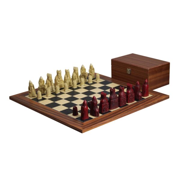 Isle of Lewis Schachset mit Elfenbein & Roten Resin-Schachfiguren 3,5 Zoll und Palisander-Schachbrett 20 Zoll