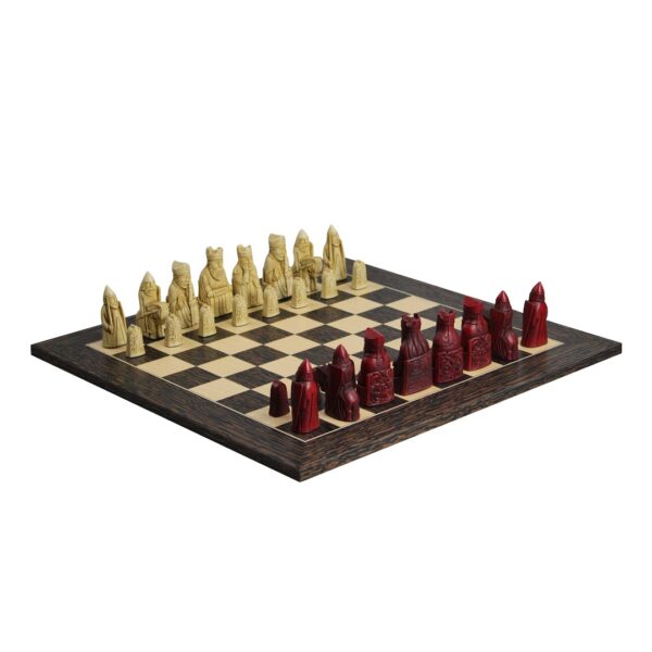 Isle of Lewis Schachset mit Elfenbein- und Rot-Resin-Schachfiguren 3,5 Zoll und Tiger-Ebenholz-Schachbrett 20 Zoll – Bild 2
