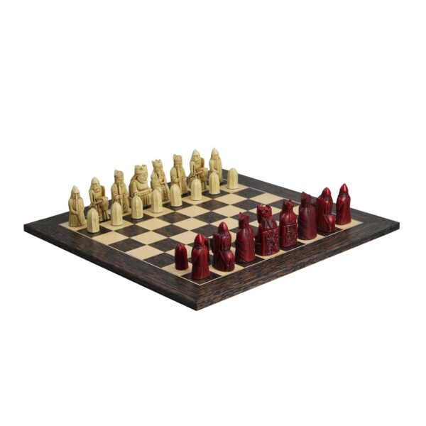 Isle of Lewis Schachset mit II Elfenbein- und Rot-Resin-Schachfiguren 3,5 Zoll und Tiger-Ebenholz-Schachbrett 20 Zoll – Bild 2