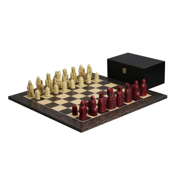 Isle of Lewis Schachset mit II Elfenbein- und Rot-Resin-Schachfiguren 3,5 Zoll und Tiger-Ebenholz-Schachbrett 20 Zoll