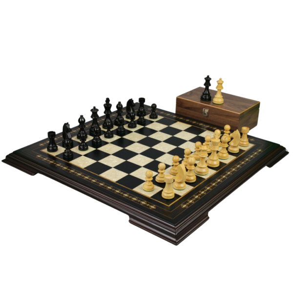 Ebenholz-Schachset 17 Zoll mit Helena-Schachbrett und gewichteten ebonisierten deutschen Staunton-Schachfiguren 3 Zoll