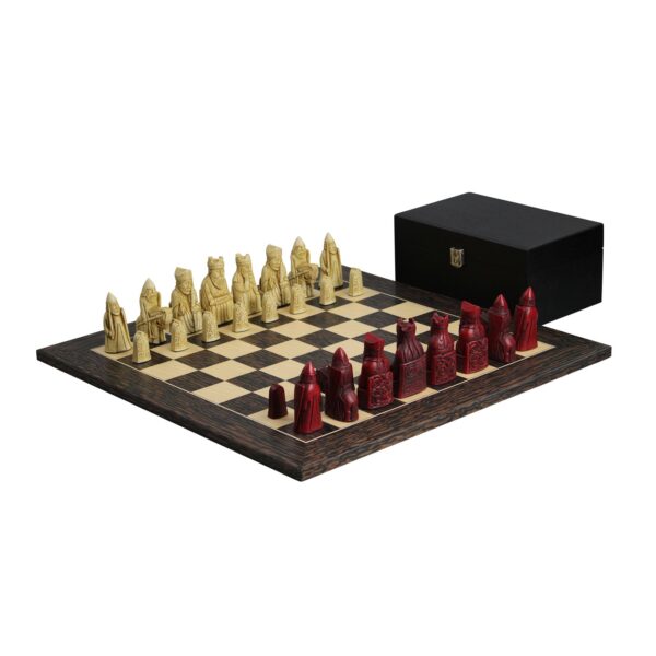 Isle of Lewis Schachset mit Elfenbein- und Rot-Resin-Schachfiguren 3,5 Zoll und Tiger-Ebenholz-Schachbrett 20 Zoll