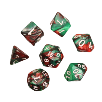 Northern Light Blended Red & Green Marbled DND Dice Set, 7 Piece Dice Set, Roll Playing Game Dice with Dice Bag