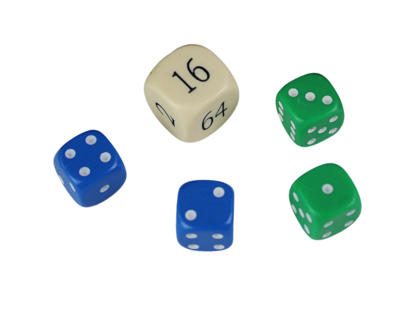 Ersatz-Backgammon-Wurfelset - Cremefarbener Verdopplungswurfel - Blaue & Grune Wurfel