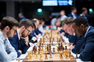 "Chess grandmasters in intense battle, showcasing strategic brilliance and focus."